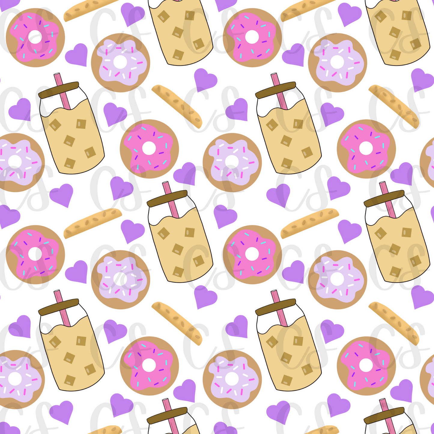 Donuts, coffee and biscotti hand drawn seamless digital file, iced coffee, icing, sweets, coffee lover