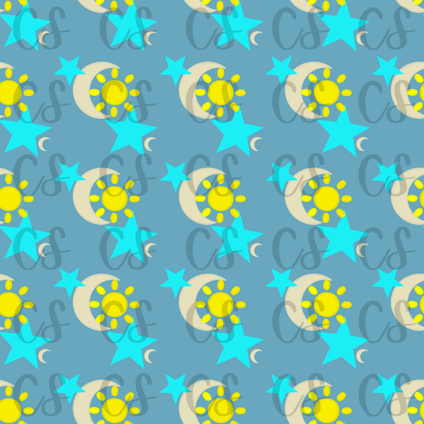 Sun Moon and Stars Hand Drawn Digital Seamless File, Sublimation Ready, Blankets, Mugs, Digital Paper, Background Image, 300 DPI