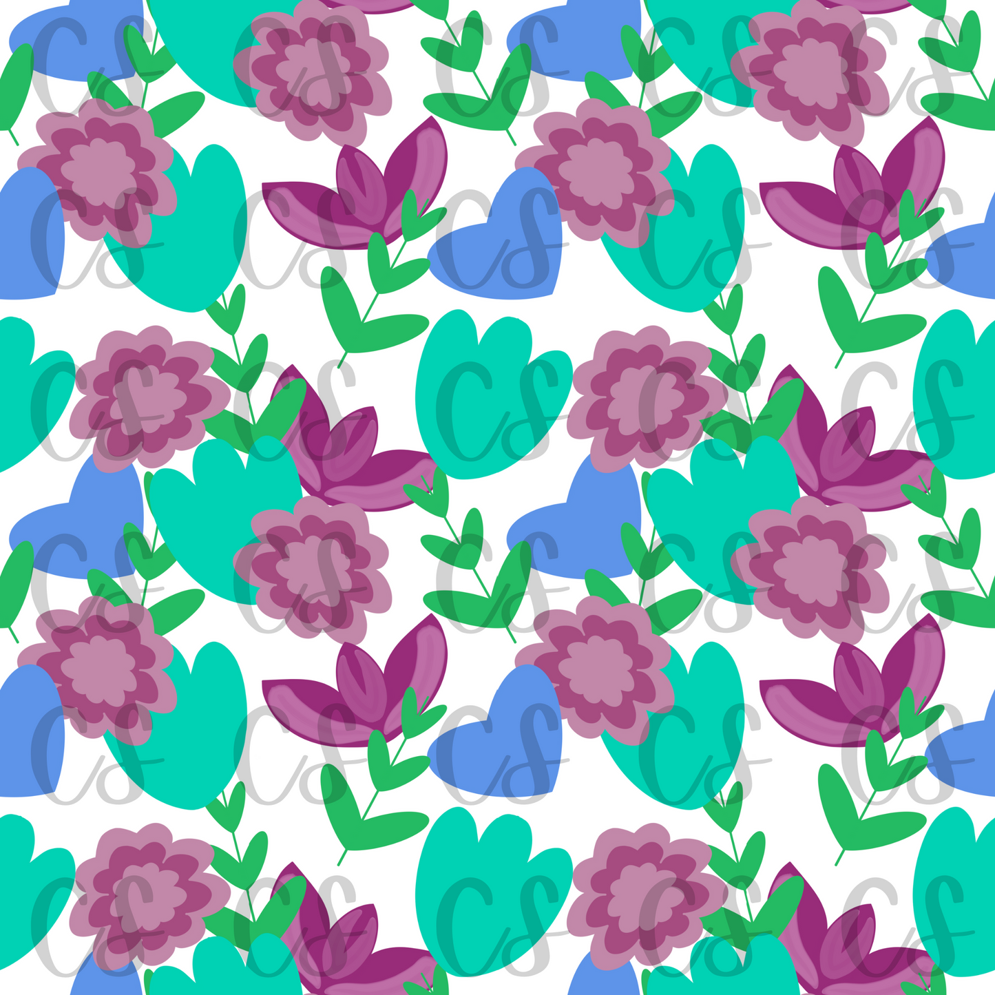 Blue Teal Purple Flowers Hand Drawn Digital Seamless File, Sublimation, Blankets, Dresses, Invitations, 300 DPI