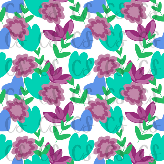 Blue Teal Purple Flowers Hand Drawn Digital Seamless File, Sublimation, Blankets, Dresses, Invitations, 300 DPI