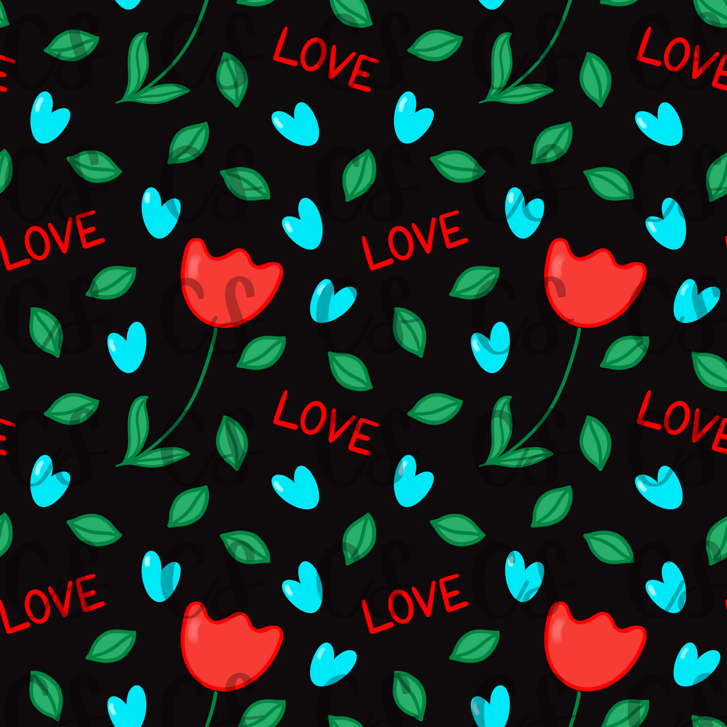 Rose Flower, leaves and hearts hand drawn seamless digital file, sublimation, fabric, PNG