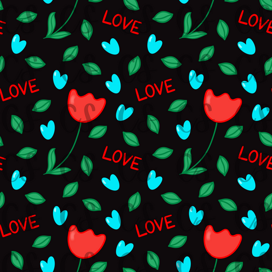 Rose Flower, leaves and hearts hand drawn seamless digital file, sublimation, fabric, PNG